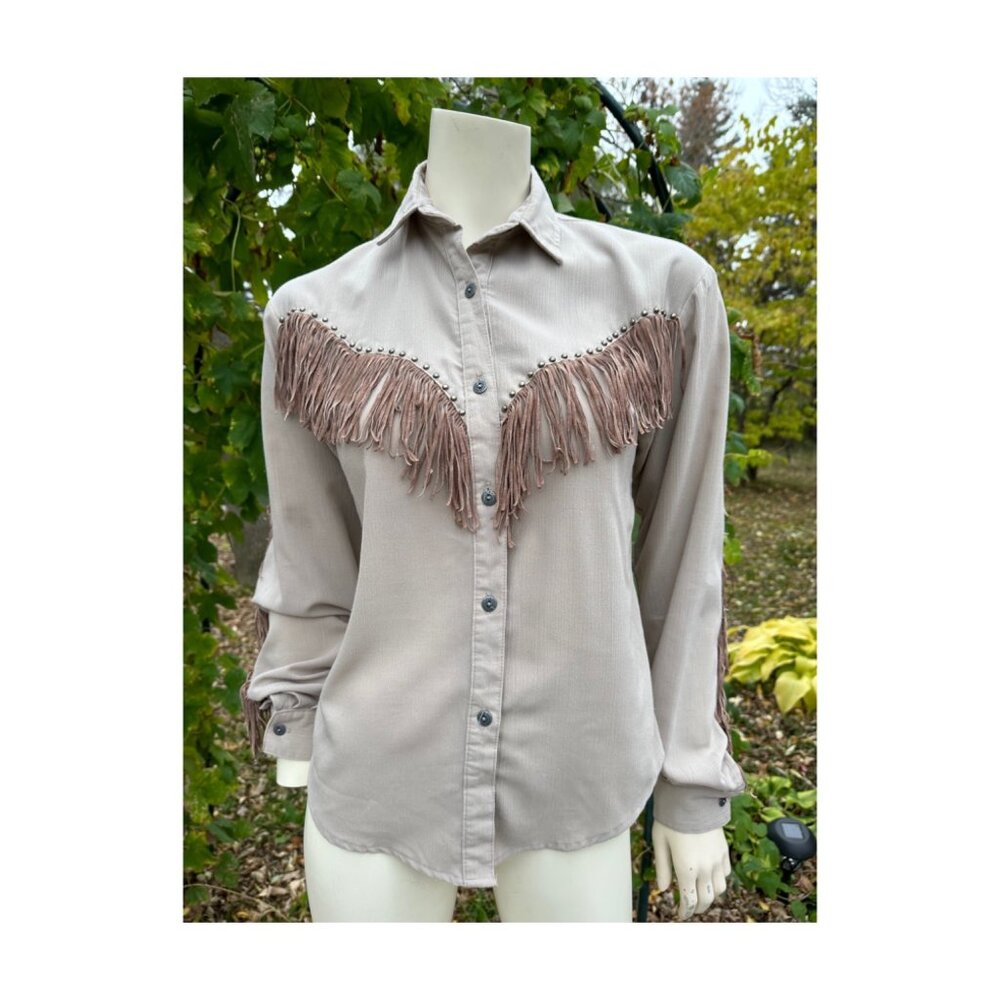Vtg 90s Western Collection Leather Fringe Shirt Button Up Tan Brown Metal